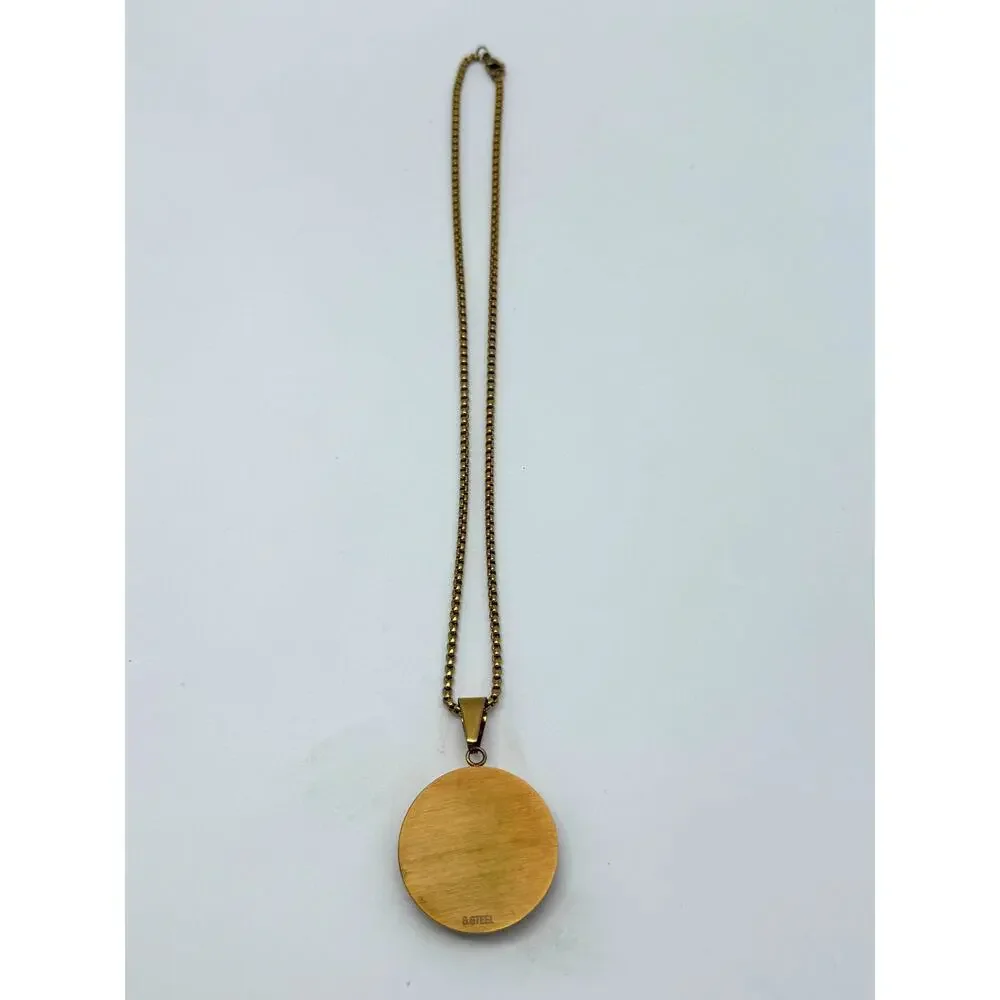 Gold Tone Stainless Steel Necklace W/ Round Green Jade Cabochon Gemstone Pendant